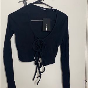 Black knit tie front long sleeve shirt